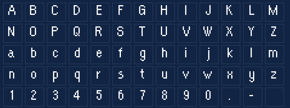 Orange Kid uppercase and lowercase alphabet, numbers and punctuation used on the name-entry screen