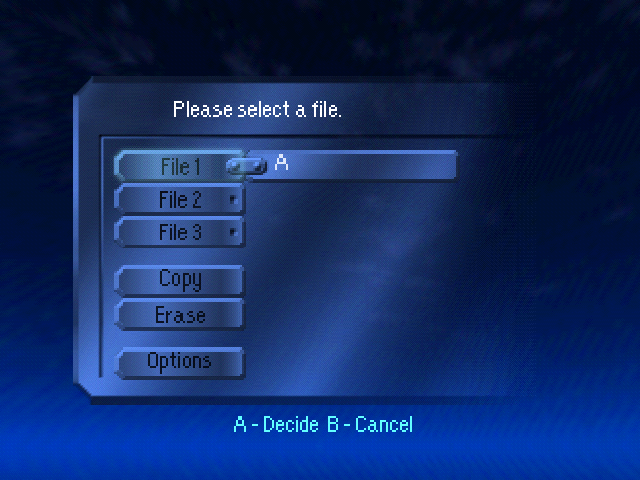 File selection menu with sharp File 1, File 2, File 3, Copy, Erase and Options lettering
