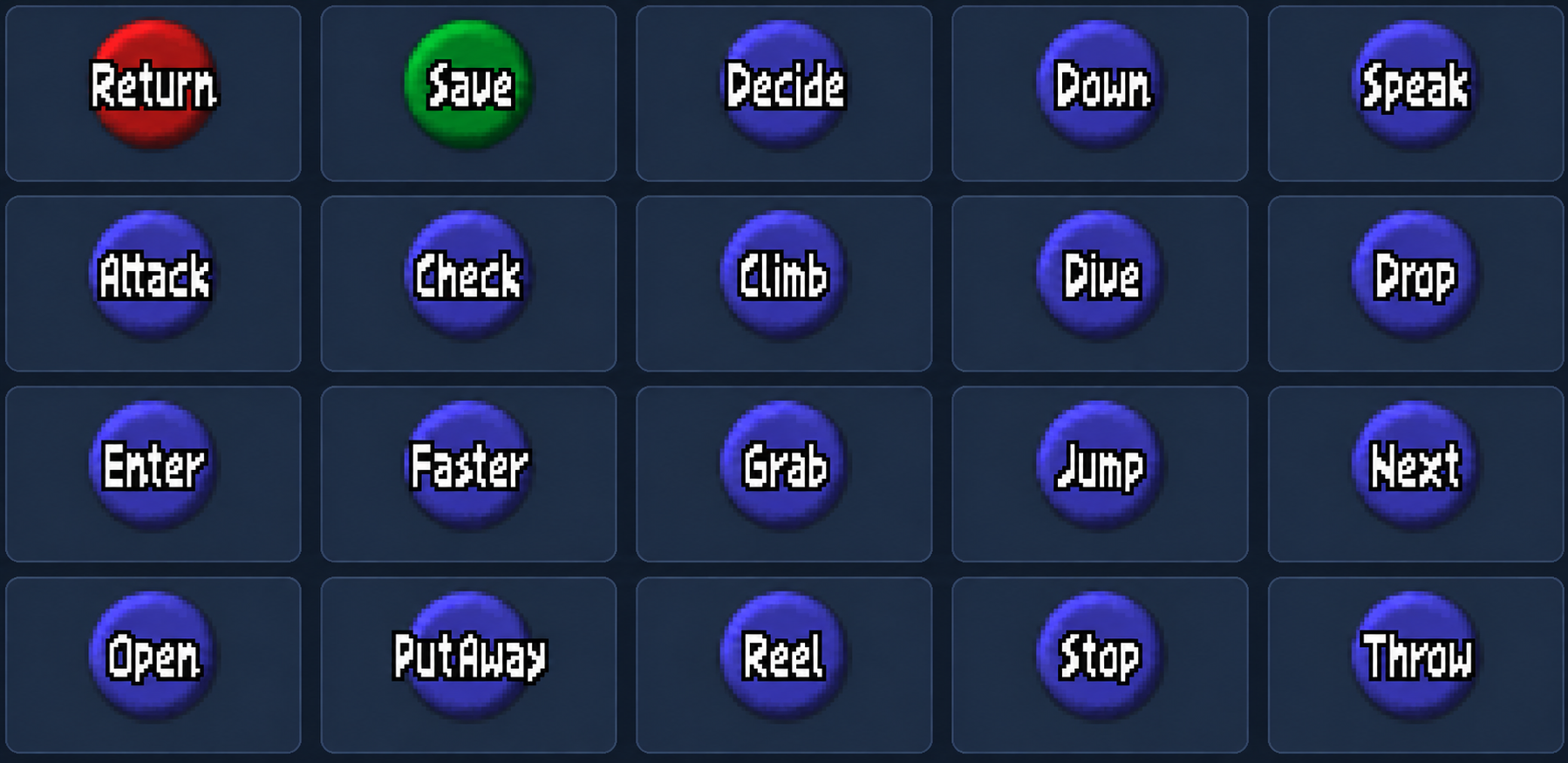 Crisp action labels including Return, Save, Decide, Down, Speak, Attack, Check, Climb, Dive and Drop