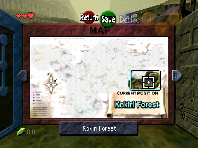 Map page showing original Kokiri Forest lettering under Current Position and Orange Kid on the bottom tablet