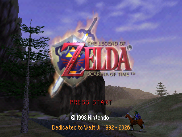 Original Zelda title logo, centered Press Start, Nintendo copyright and dedication to Walt Jr